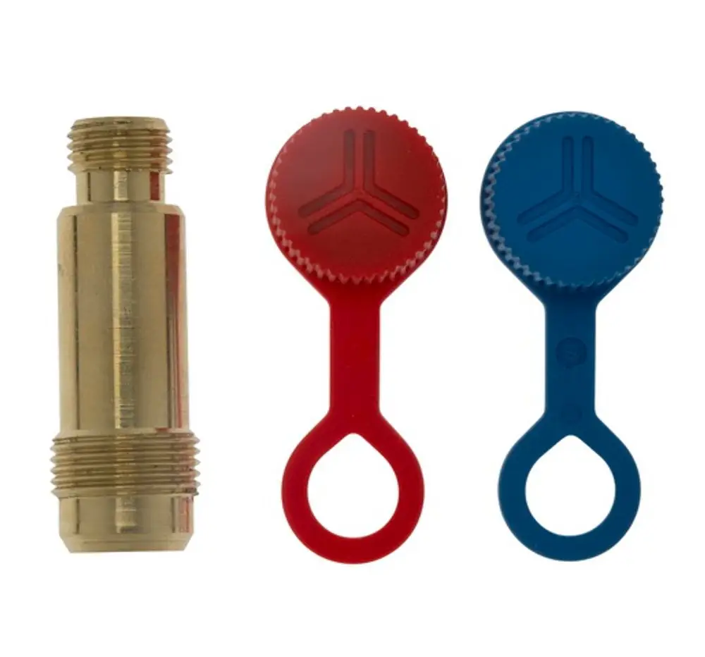 Messnippel aus Messing mit zwei beiliegenden Kunststoffdeckeln in Rot und Blau. Produkt von IMI Hydronic Engineering, zur Verwendung in Heizungsanlagen geeignet.